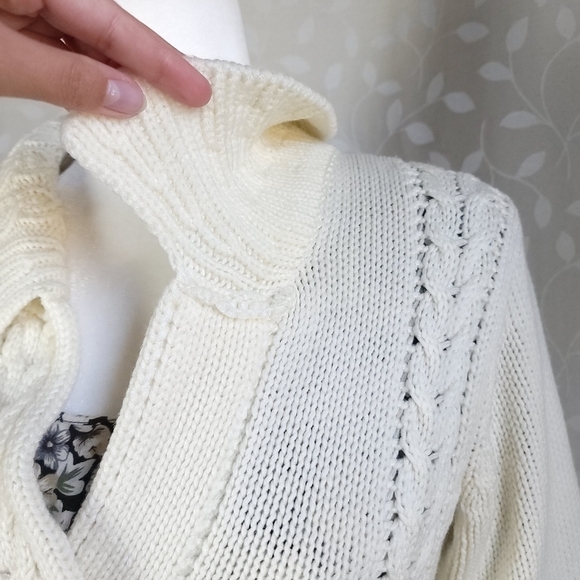 Vintage Cable Knit Belted Collared Button Front Long Cardigan Dayne Taylor Cream - Picture 5 of 15